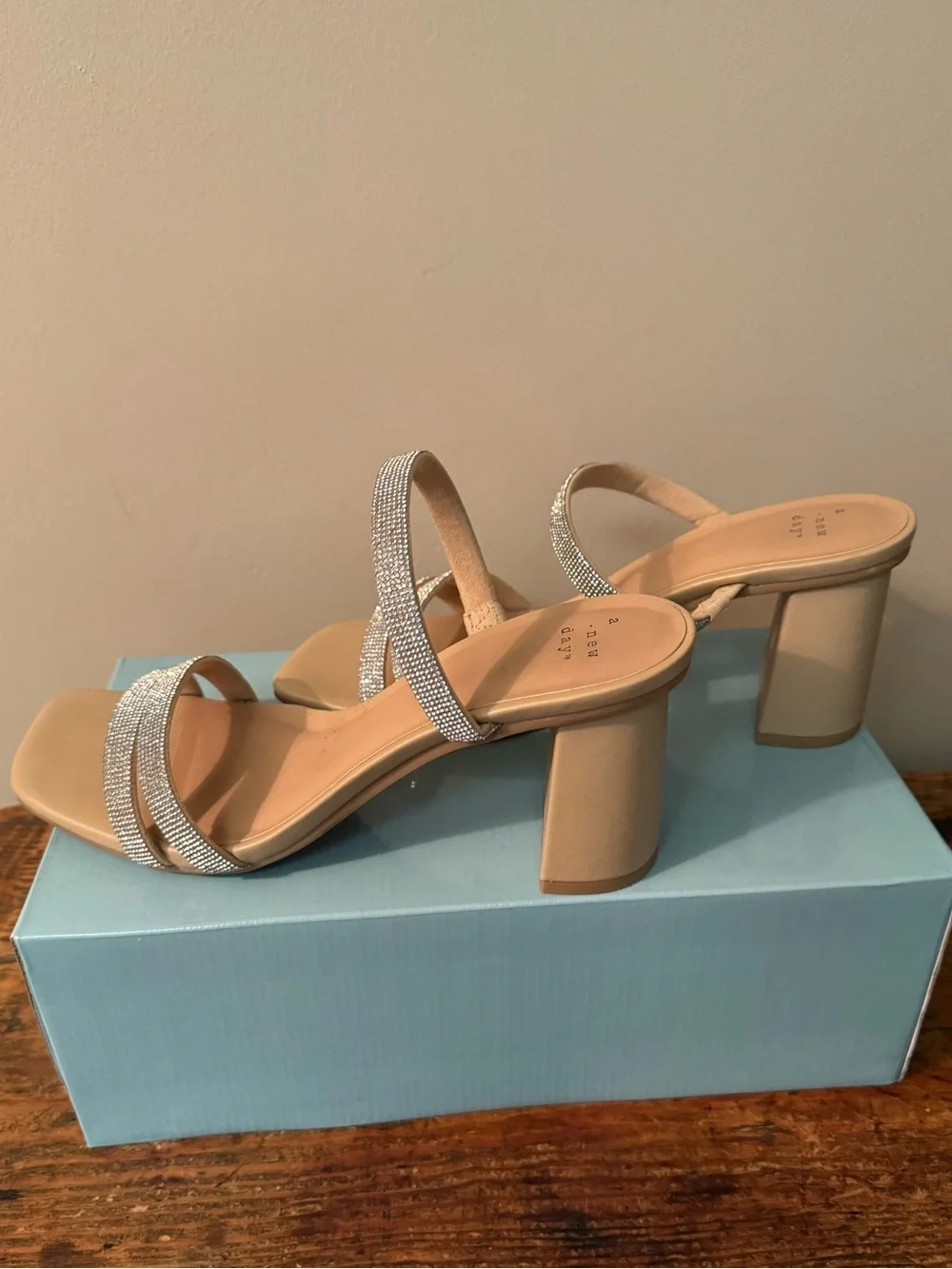 A New Day Beige Rhinestone Double-Strap Block Heel Sandal, size 9